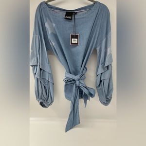 Nanette Lepore tiered sleeve tie waist blouse denim